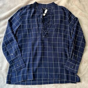 NWT Madewell Silk Lace-Up Shirt Windowpane Plaid Navy Blue Size M